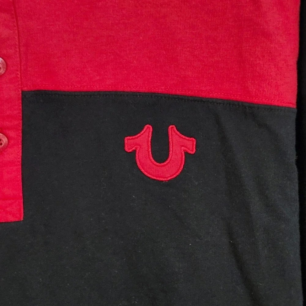 True Religion Henley Hooded Shirt Mens XL Red Black Colorblock‎ Long Sleeve